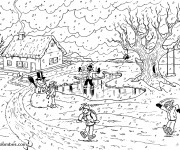 Coloriage Paysage de Neige en village