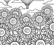 Coloriage Champ de tournesols avec montgolfi&egrave;re