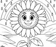 Coloriage Fleur tournesol mignonne sous la pluie