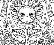 Coloriage Joli visage de tournesol dans une for&ecirc;t