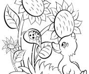 Coloriage Le canard devant les tournesols