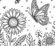 Coloriage Les papillons parmi les fleurs Tournesols