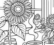 Coloriage Tournesol avec une tasse de th&eacute; chaud et des plantes en pot