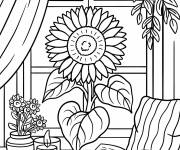 Coloriage Tournesol dans un vase pr&egrave;s de la fen&ecirc;tre