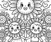Coloriage Tournesol souriant avec ses enfants