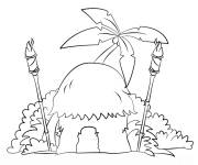 Coloriage Paysage de Hutte Tiki avec torches