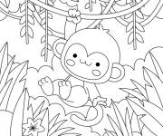 Coloriage Singe kawaii s'accroche dans l'arbre