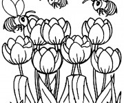 Coloriage Les Abeilles s'envolent sur Les Tulipes