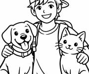 Coloriage Adolescent avec son chiot et son chat