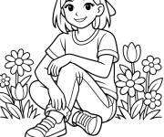 Coloriage Adolescente assise parmi les fleurs