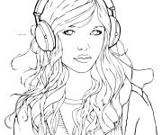 Coloriage Adolescente avec casque de musique