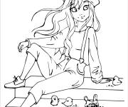 Coloriage Adolescente avec des oiseaux