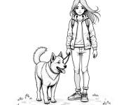 Coloriage Adolescente avec son chien