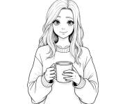Coloriage Adolescente avec tasse de nescaf&eacute;