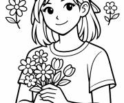 Coloriage Adolescente avec un bouquet de fleur