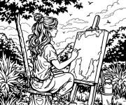 Coloriage Adolescente en peignant un tableau
