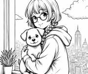Coloriage Adolescente mignonne avec son chiot