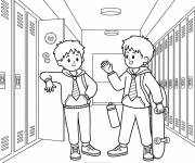 Coloriage Adolescents dans un couloir scolaire style cartoon