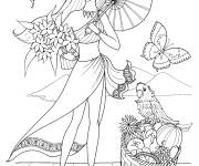 Coloriage Belle Adolescente entour&eacute;e par les oiseaux et les papillons