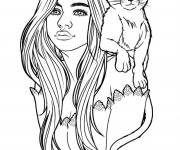 Coloriage Chat sues les &eacute;paules d'une belle Adolescente