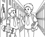 Coloriage Deux ados dans un couloir scolaire