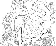 Coloriage Fille en belle robe &agrave; motif en roses