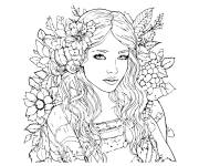Coloriage Jeune fille avec des jolis fleurs