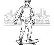 Coloriage Sc&egrave;ne urbain avec un adolescent sur le skateboard
