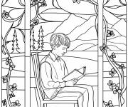 Coloriage Un ado en lisant dans un cadre en vitrail orn&eacute;