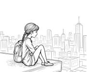 Coloriage Une adolescente au sommet d'un immeuble