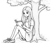 Coloriage Une Adolescente en lisant un livre sous l'arbre