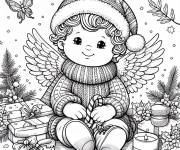 Coloriage Adorable garcon ange de Noel avec une papillon et sapins