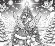 Coloriage et dessins gratuit Ange de Noel avec le bonhomme de neige d&eacute;core le sapin dans la fo à imprimer