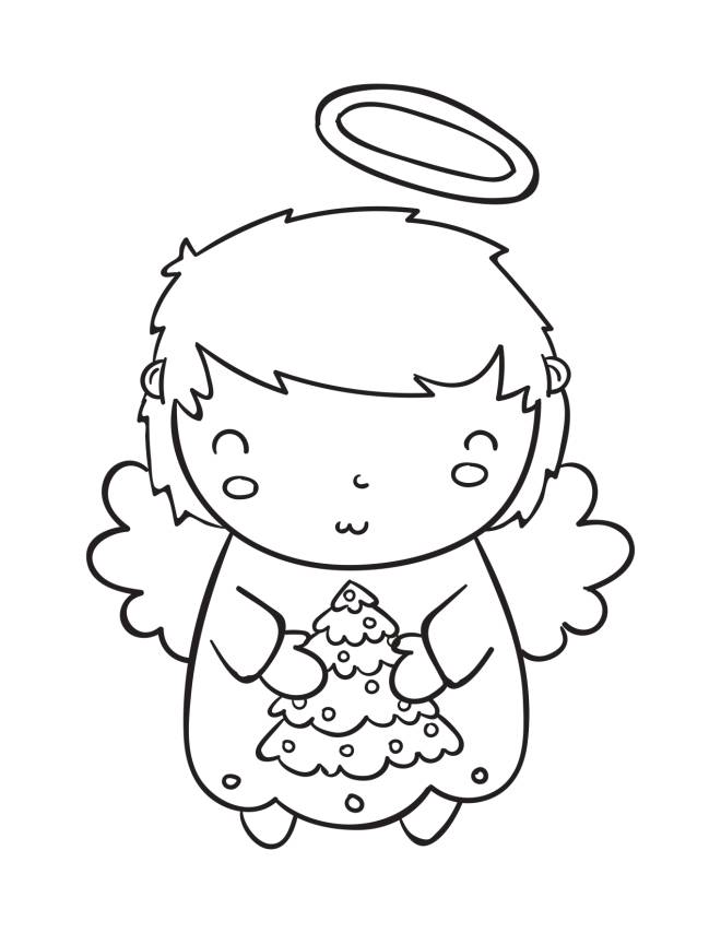 Coloriage Ange de Noel avec mini sapin dessin gratuit à imprimer