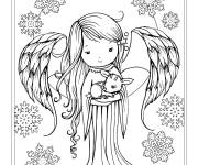 Coloriage Ange de noel avec petit animal et flocons de neige