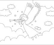 Coloriage Ange de Noel avec trompette parmi les nuages