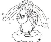 Coloriage Ange de Noel devant un l&rsquo;arc en ciel
