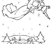 Coloriage Ange de Noel en volant sur le village
