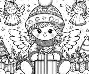 Coloriage Ange de Noel fille avec deux sapins d&eacute;cor&eacute;s