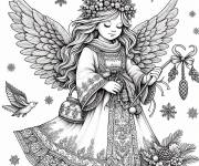 Coloriage Ange de Noel fille d&eacute;taill&eacute; avec oiseau et flocons