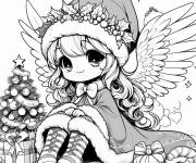 Coloriage Ange de noel kawaii assise pr&egrave;s d'un petit sapin