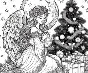 Coloriage Ange de Noel r&eacute;aliste pr&eacute;s du sapin de Noel et la lune