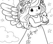 Coloriage Ange de Noel tenant un petit oiseau
