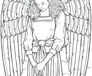 Coloriage Ange de Noel triste avec une rose