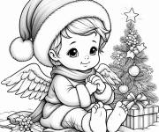 Coloriage B&eacute;b&eacute; adorable avec ailes d'ange de Noel pr&eacute;s d'un sapin