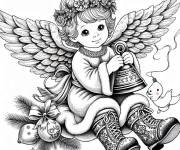 Coloriage B&eacute;b&eacute; ange de Noel avec cloche et boule sapin
