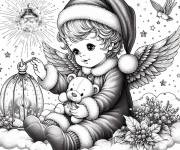 Coloriage B&eacute;b&eacute; avec son ours en peluche en mode ange de Noel