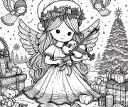 Coloriage Belle fille ange de no&euml;l jouant de la musique dans la foret