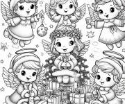 Coloriage Cinq anges de Noel  avec des cadeaux