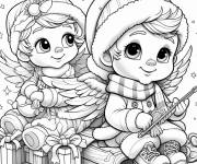 Coloriage Deux enfants avec des cadeaux comme deux anges de Noel